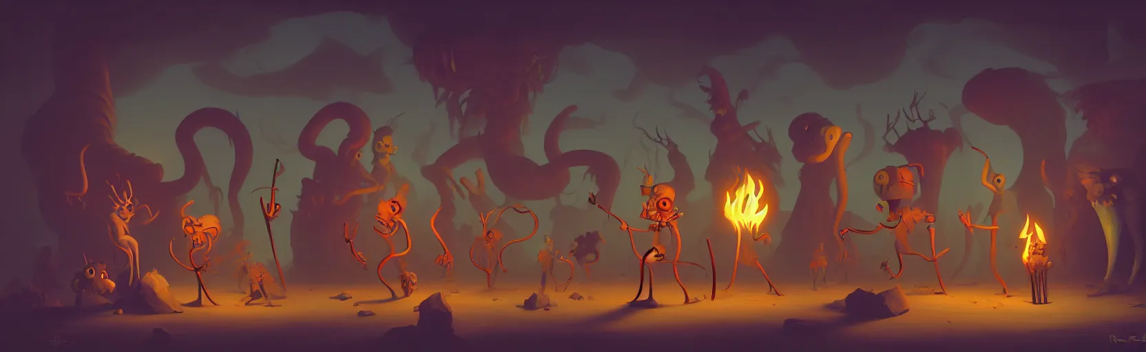 Image similar to uncanny whimsical savage mutants from the depths of a vast wasteland in the collective unconscious, dramatic lighting from fiery torches, surreal fleischer cartoon characters, shallow dof, surreal painting by ronny khalil