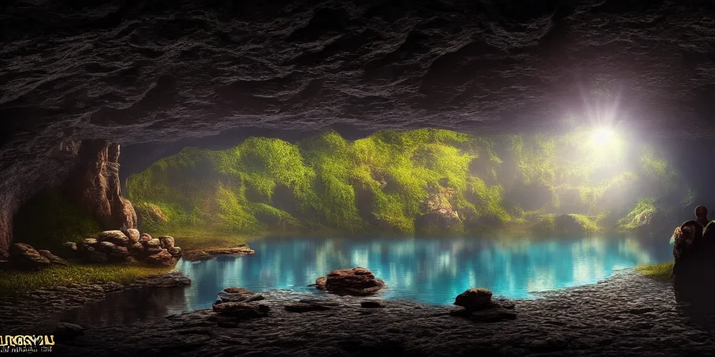 Image similar to lake in underground cave landscape. cave. cavern. fantasy magic style. highly detailed 8 k. intricate. lifelike. epic. movie poster. soft light. volumetric light. sony a 7 r iv 5 5 mm. cinematic post - processing