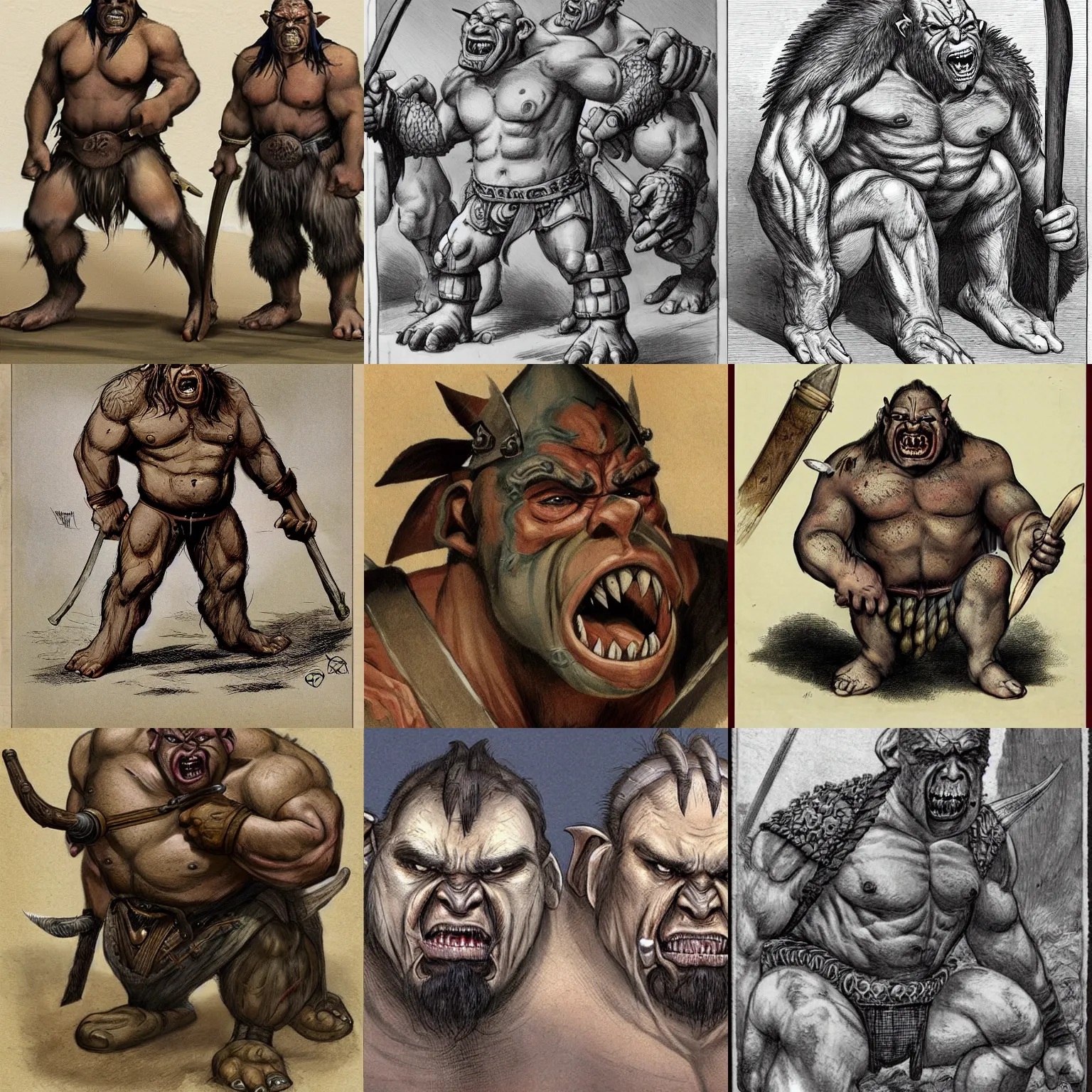 Prompt: orcs :... squat, broad, flat - nosed, sallow skinned, with wide mouths and slant eyes ; in fact degraded and repulsive versions of the ( to europeans ) least lovely mongol types.