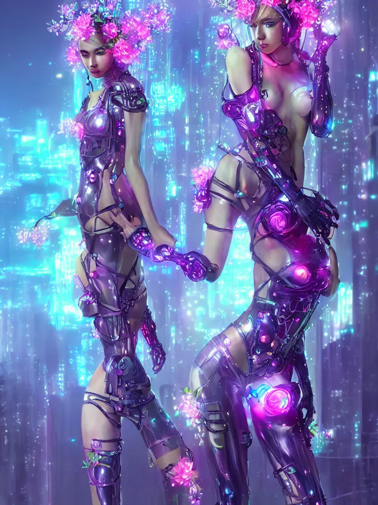Prompt: one beautiful cyber fairy in a cyberpunk garden, in shiny cyberpunk biosuit, body covers with neon flowers, elegant pose, realistic digital painting, artgerm, sakimichan, huang guangjian