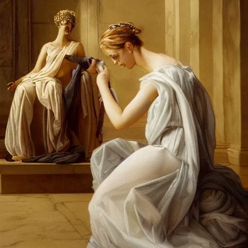 Image similar to Absolutely gorgeous greek goddess of fashion, she is sewing the most beautiful dress the olympian gods have ever seen, cinematic lighting, high quality 8k hd, oil on canvas, hyperralistic art