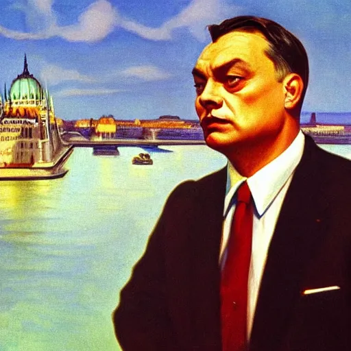 Image similar to leader of fascist hungary, viktor orban, overseeing the war torn city on the bank of danube river in budapest during the siege 1 9 4 5, by edward hopper