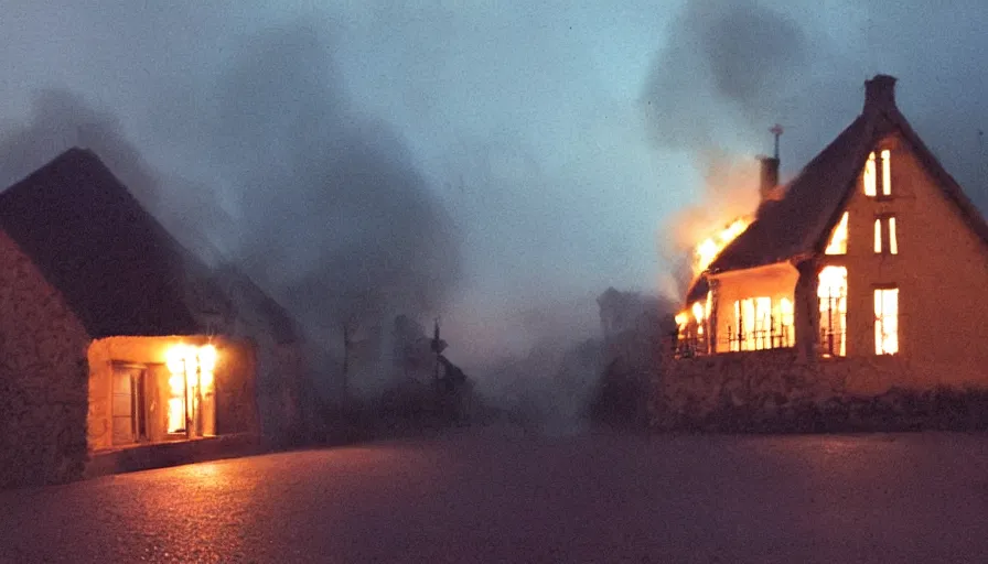 Image similar to mini dv still of a heavy burning french style little house by night in autumn, in a small northern french village, by sony mini dv camera, heavy grain, low quality, high detail, dramatic light, anamorphic, flares