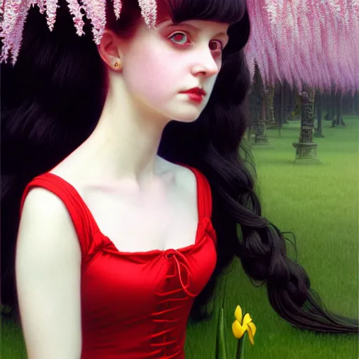 Prompt: a photorealistic detailed portrait image of a english goth girl in spring dress by rutgowski and artgerm and david a. hardy and kinkade and charles vess and hsaio - ron cheng
