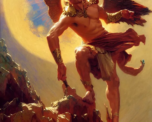Image similar to attractive pagan male deity, summons handsome lucifer morning star. highly detailed painting by gaston bussiere, craig mullins, j. c. leyendecker 8 k