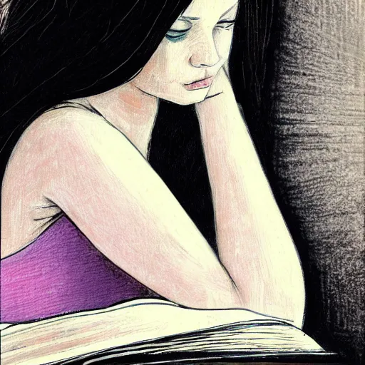 Image similar to a girl reading book, hair flowing down, contrast, dramatic, by Noel Coypel