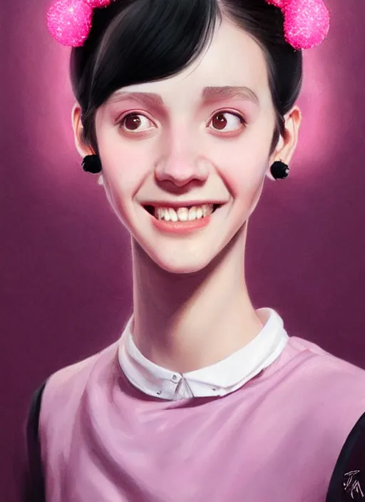 Image similar to portrait of high school girl, realistic, black hair, bangs, half updo hairstyle, pointy nose, skinny, smile, ugly, defined jawline, big chin, pink hair bow, earrings, intricate, elegant, glowing lights, highly detailed, digital painting, artstation, sharp focus, illustration, art by wlop, mars ravelo and greg rutkowski