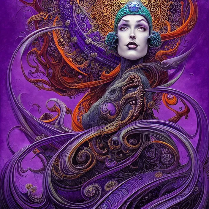 Prompt: depicting a beautiful lovecraftian female priestess, in the style of joe fenton, dynamic energetic pose, exuberant organic elegant forms, by karol bak and filip hodas : : 1. 4 purple, red, blue, green, black intricate mandala explosions : : intuit art : : turbulent energy backdrop : : damask wallpaper : : atmospheric