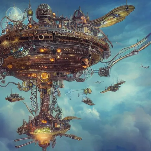 Image similar to flying city in a mechanical flower, flying city, detailed, sky, fantasy art, steampunk, masterpiece