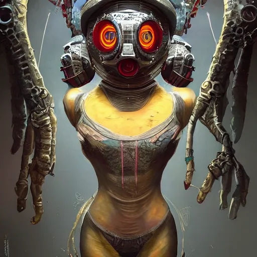 Image similar to low angle shot of a cyberpunk gazmask multicolored robot character, intricate, elegant, highly detailed, centered, digital painting, artstation, concept art, smooth, sharp focus, illustration, artgerm, Tomasz Alen Kopera, Peter Mohrbacher, donato giancola, Joseph Christian Leyendecker, WLOP, Boris Vallejo