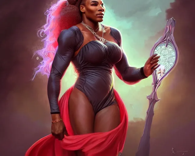 Image similar to mindblowing, serena williams as a female warlock, black wizard hat, robes, deep focus, d & d, fantasy, intricate, elegant!!, beautiful, highly detailed, digital painting, artstation, concept art, matte, sharp, illustration, hearthstone, art by artgerm and greg rutkowski and alphonse mucha