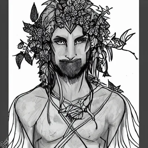 Image similar to male firbolg druid with vines and hibiscus flowers as hair simple drawing, pointy ears, gray skin, dungeons and dragons, comic style