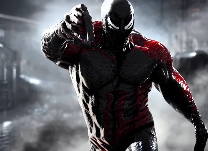 Image similar to venom fused with deadshot, ultra realistic 4 k unreal engine very cinematic render with ray tracing bloom ambient occlusion strong reflections