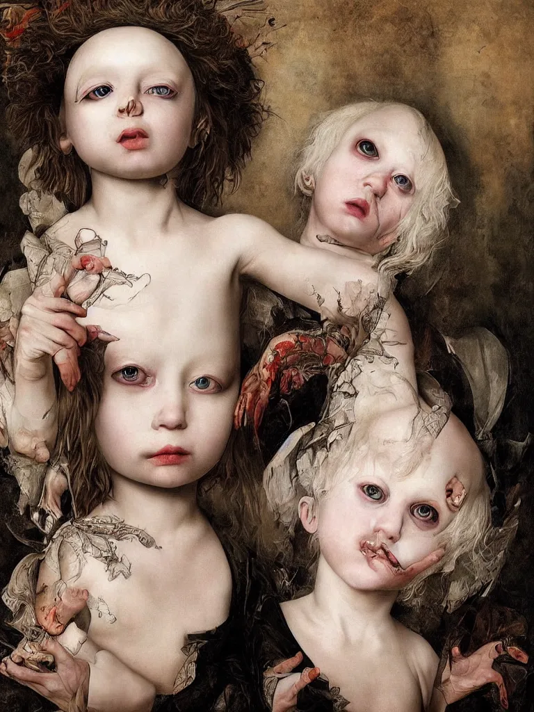 Image similar to Detailed maximalist portrait of a stunning albino child with cracked porcelain skin, dark piercing eyes, a small discrete mouth, HD mixed media, 3D collage, highly detailed and intricate, surreal illustration in the style of Caravaggio, dark art, baroque