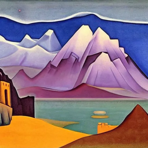 Prompt: A castle in the mountains by Nicholas Roerich, by Georgia o Keeffe