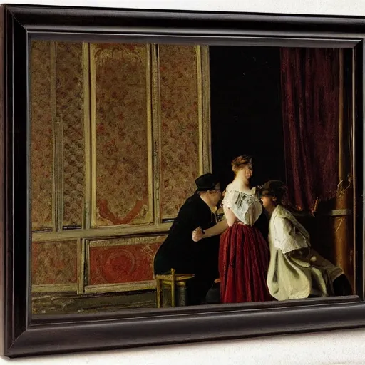 Image similar to a young man and woman chatting in an old theater, by alfred stevens