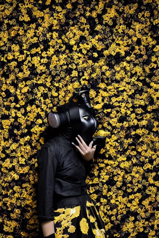 Image similar to a surreal portrait of a woman wearing gas mask falling into a wall of black flowers in the style of brooke didonato, editorial fashion photography from vogue magazine, full shot, nikon d 8 1 0, ƒ / 2. 5, focal length : 8 5. 0 mm, exposure time : 1 / 8 0 0, iso : 2 0 0