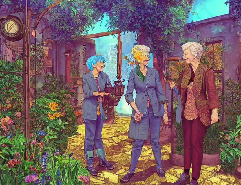 Image similar to elderly lesbian couple in steampunk vaporwave courtyard garden. complementary colors, gouache, indie concept art, bloom, chiaroscuro, backlighting, intricate details.