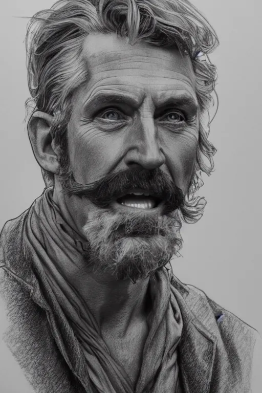 Image similar to hyperrealist pencil sketch of ken curtis as festus david malan and alphonse mucha, fantasy art, drawing, dynamic lighting, artstation, poster, volumetric lighting, very detailed faces, 4 k, award winning