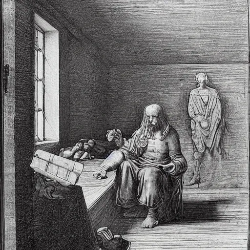 Image similar to a wider shot of the morgue. leonardo da vinci, in his late 3 0 ’ s, sits alone. he has parchment and a pen, and is sketching the human heart. in the background – past the heart – we see its occupant, a corpse