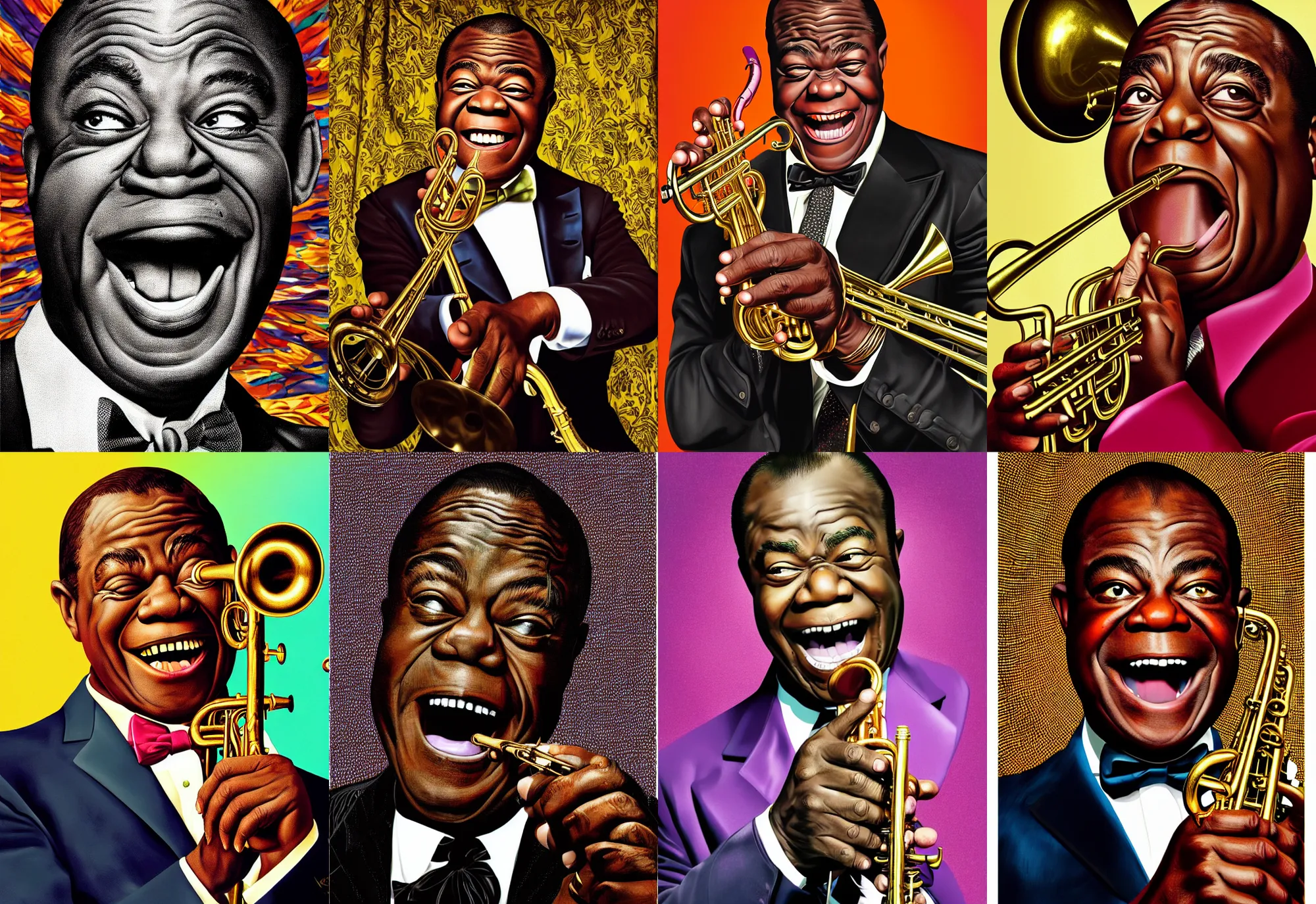 Prompt: a portrait of louis armstrong telling a joke, by kehinde wiley, dramatic lighting, highly detailed digital painting