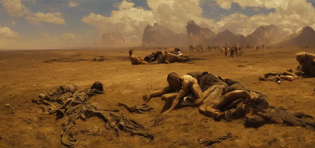 Image similar to The arms of god and death, wide shot, epic scale, photorealistic, muted colors, long shadows, split image, by Ilya Repin Greg Rutkowski Asher Duran