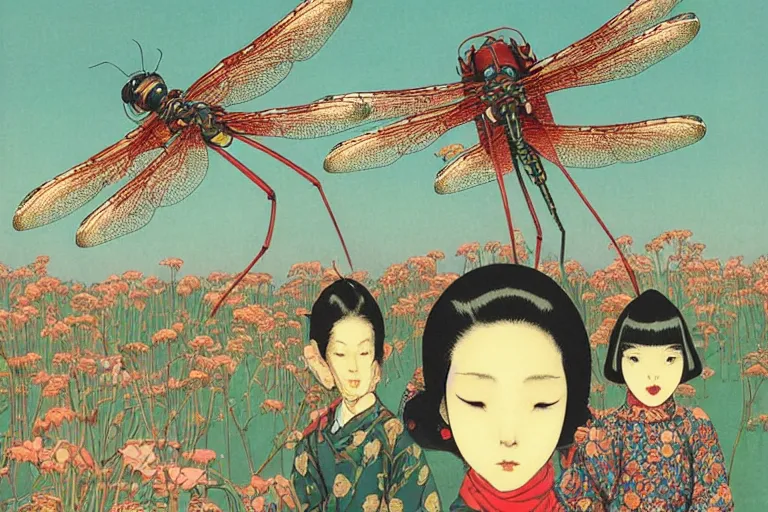 Image similar to gigantic dragonflies with human faces catch tiny robots, a lot of exotic mechas robots around, human heads everywhere, risograph by kawase hasui, dirtyrobot, edward hopper, satoshi kon and moebius, colorful flat surreal design, super - detailed, a lot of tiny details, fullshot
