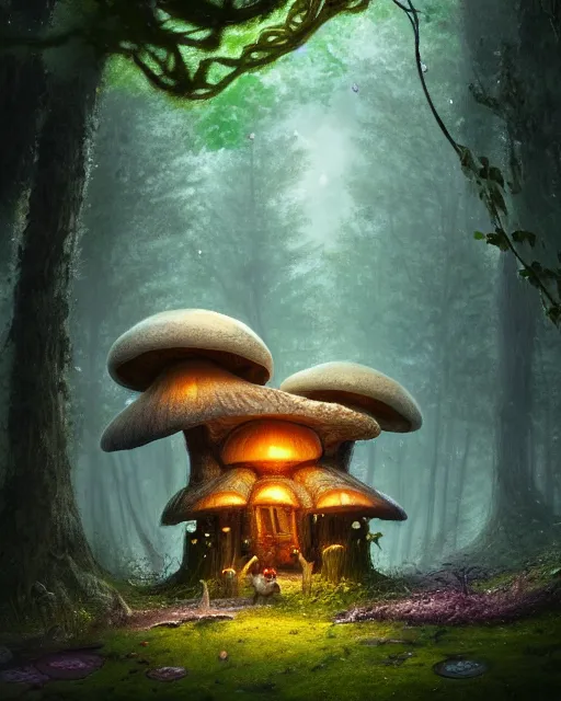 Prompt: a tall cute mushroom house in a magical forest in spring, cinematic, stunning, adorable, artstation, smooth, hard focus, illustration, art by jessica rossier and brian froud