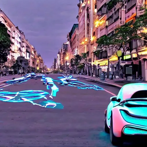 Image similar to Buenos Aires Argentina, futuristic cars in the street, holograms in the street, detailed, hd