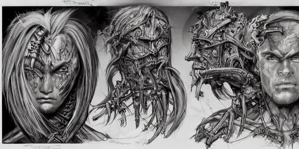 Image similar to highly detailed character sketch, expressive facial features, 3 / 4 view, human game protagonist designs, side - scrolling 2 d platformer, art by h. r. giger, paul komoda and burne hogarth