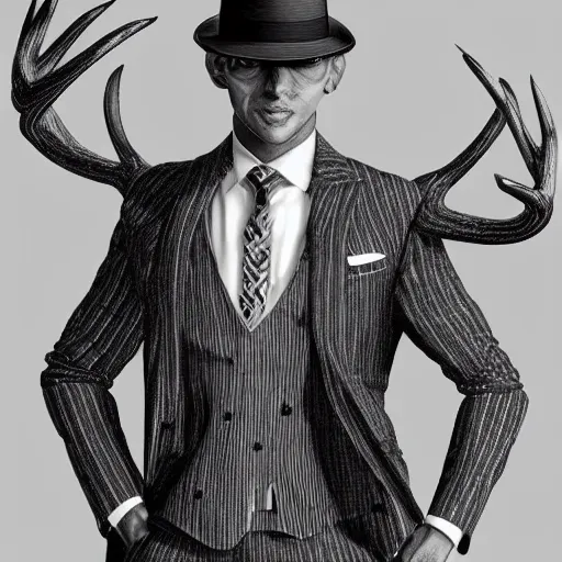 Image similar to a upper body portrait of a deer in a pinstriped suit and pants wearing a fedora with the antlers sticking out of the fedora by artgerm and wlop, intricate detail, digital art, photorealistic, trending on artstation