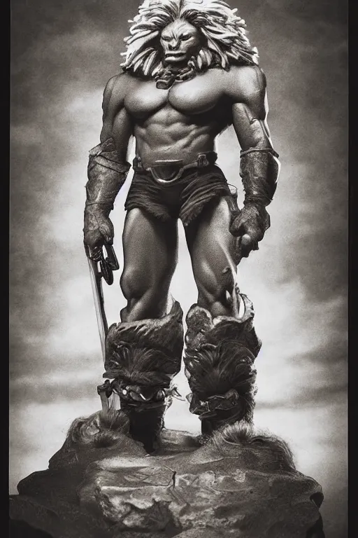 Image similar to lion - o from thundercats, portrait, full body, symmetrical features, silver iodide, 1 8 8 0 photograph, sepia tone, aged paper, sergio leone, master prime lenses, cinematic