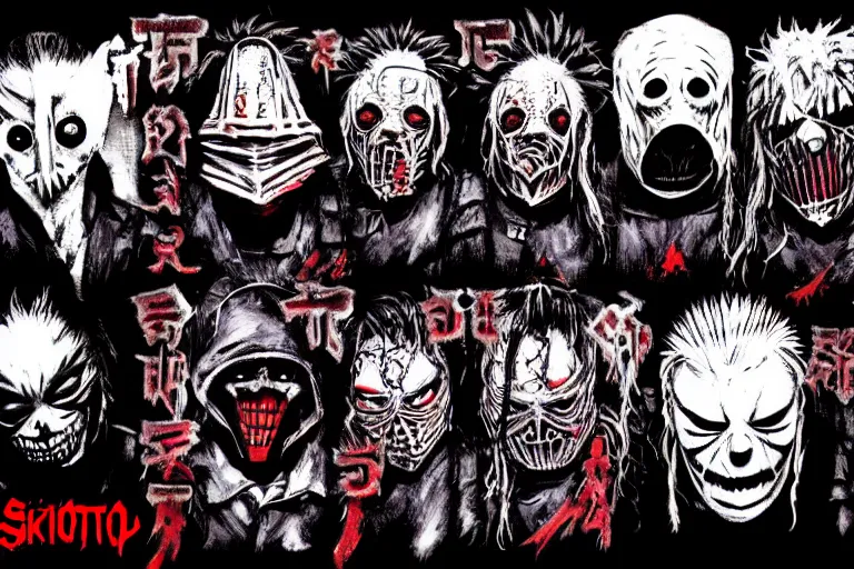 Image similar to slipknot in the style of dorohedoro, artstation, album cover