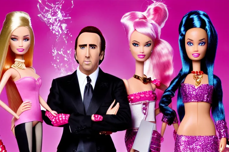 Image similar to Nicolas cage party barbie high resolution still film