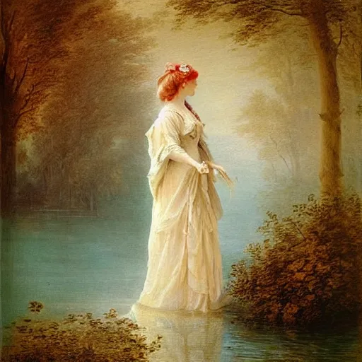 Image similar to a stunning painting of a beautiful lady with white long hair and dressed with a red victorian cloak, standing in a lake, mist, morning light, dreamy atmosphere, cinematic, style of Jean-Honoré Fragonard