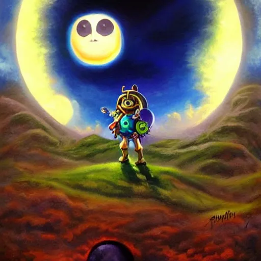 Image similar to zelda majora's mask moon in the sky, oil painting, beautiful, disney, pixar, artgerm