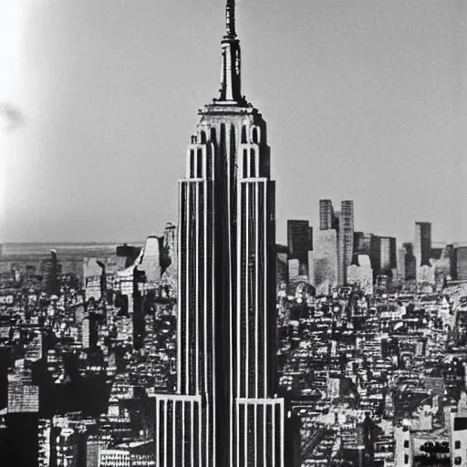 Image similar to gigapikachu attacking the empire state building, 1960s monster movie