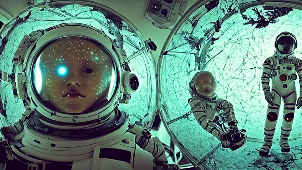 Image similar to a cybernetic symbiosis of a single astronaut eva suit with diamond 3d fractal lace iridescent bubble 3d skin covered with insectoid compound eye camera lenses floats through the living room, film still from the movie directed by Denis Villeneuve with art direction by Salvador Dalí, wide lens,