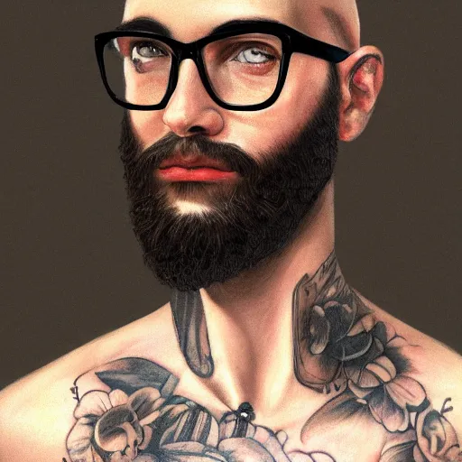 Prompt: portrait of a young, bald, bearded, and tattooed man, wearing glasses and a hat, digital oil painting, highly detailed, trending on artstation
