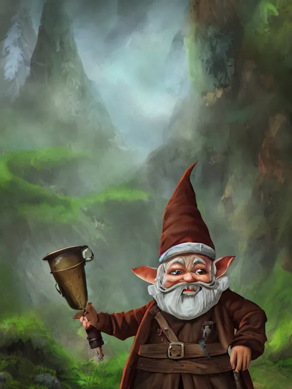 Image similar to evil alchemist gnome, brown tuffle coat, evil smile, flasks in hands, giving flasks to other gnomes, dnd, forest background, matte painting, midjourney