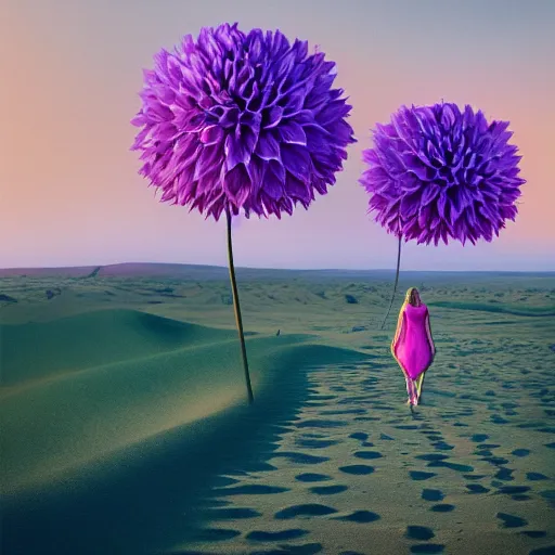 Image similar to portrait, giant purple dahlia flower head, woman between dunes, surreal photography, sunrise, blue sky, dramatic light, impressionist painting, digital painting, artstation, simon stalenhag