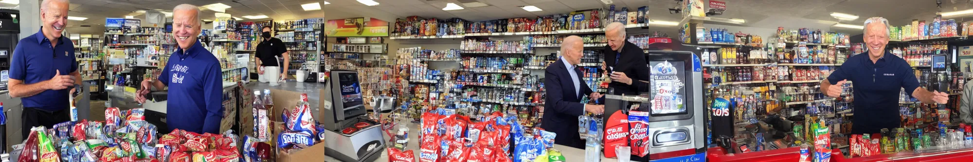 Prompt: Joe Biden selling soda behind the cash register at a gas station convivence store