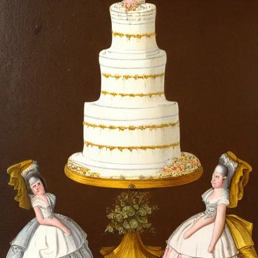 Prompt: 1700s painting of a wedding cake, high detail, believable,