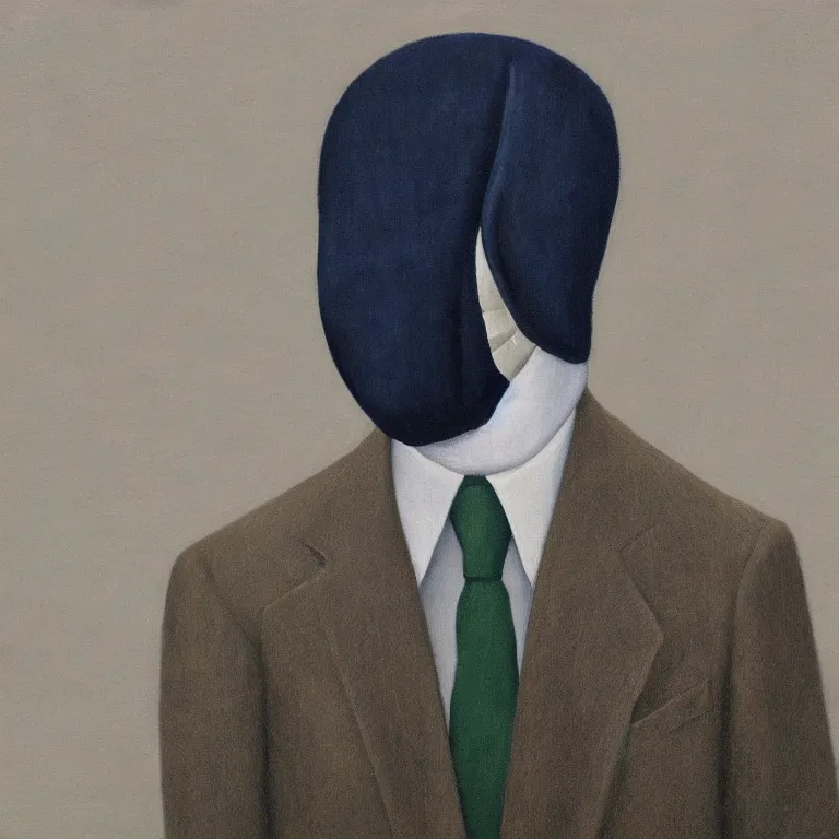 Image similar to portrait of a faceless cloth mask - head man in a suit, clouds in the background, by rene magritte, detailed painting, distance, centered, hd, hq, high resolution, high detail, 4 k, 8 k