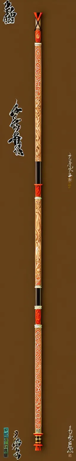 Image similar to single wooden long straight thin ninja fighting staff decorated with oriental ornaments, polished, weapon, highlight, vertical, centred, highly symmetric, sci - fi, fantasy, japan, dnd, close shot, bright uniform background, directional lighting, digital art, hyperrealism, award winning, 8 k, trending on art station