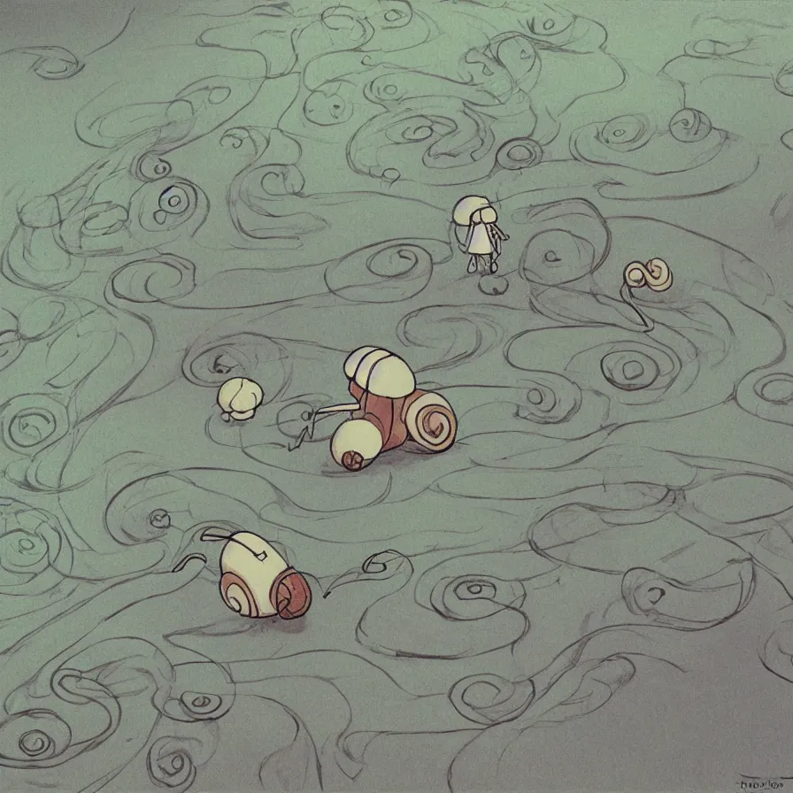 Prompt: A perfectly drawn snail is walking on the ground, art by Hayao Miyazaki, whimsical, anime, children's illustration