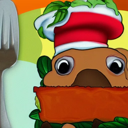 Image similar to cute platypus wearing a chef hat while holding a lasagna with three basil leaves over the lasagna