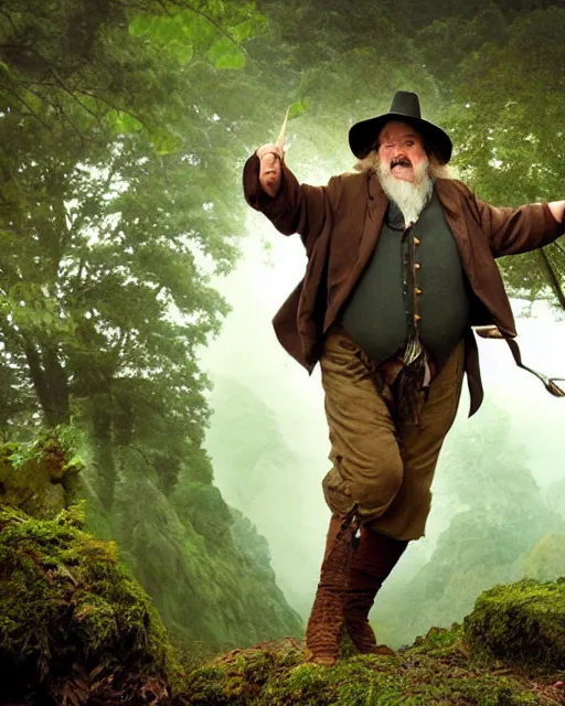 Image similar to annie leibovitz style photoshoot of peter jackson dressed as tom bombadil, lotr, tolkien, weta workshop style, hyperreal