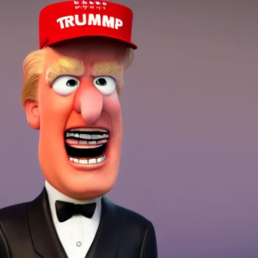 Image similar to happy, render of fun donald trump cartoony character, from the new pixar movie, dynamic lighting, cgsociety