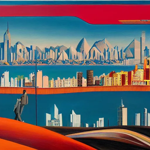 Image similar to futuristic santiago of chile skyline with life based on public transportation, oil on canvas by wes anderson and raoul ruiz and dave mckean